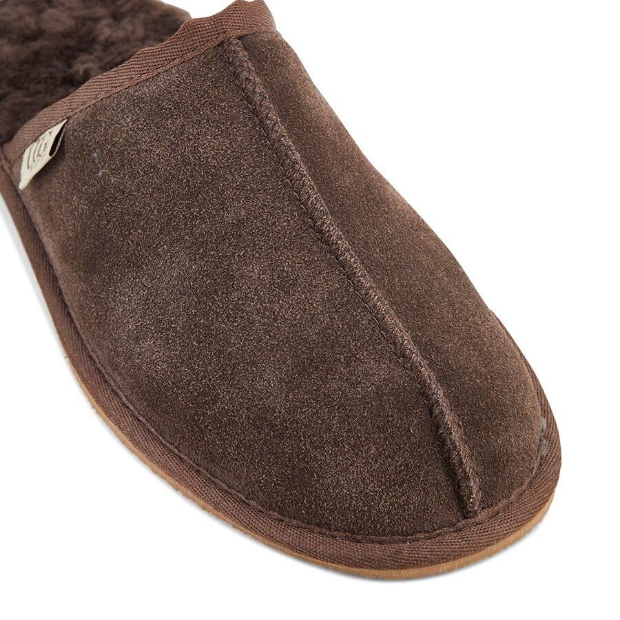 GROSBY Buck UGG Mens Sheepskin Slippers Scuff Slip On Leather Moccasins in Chocolate
