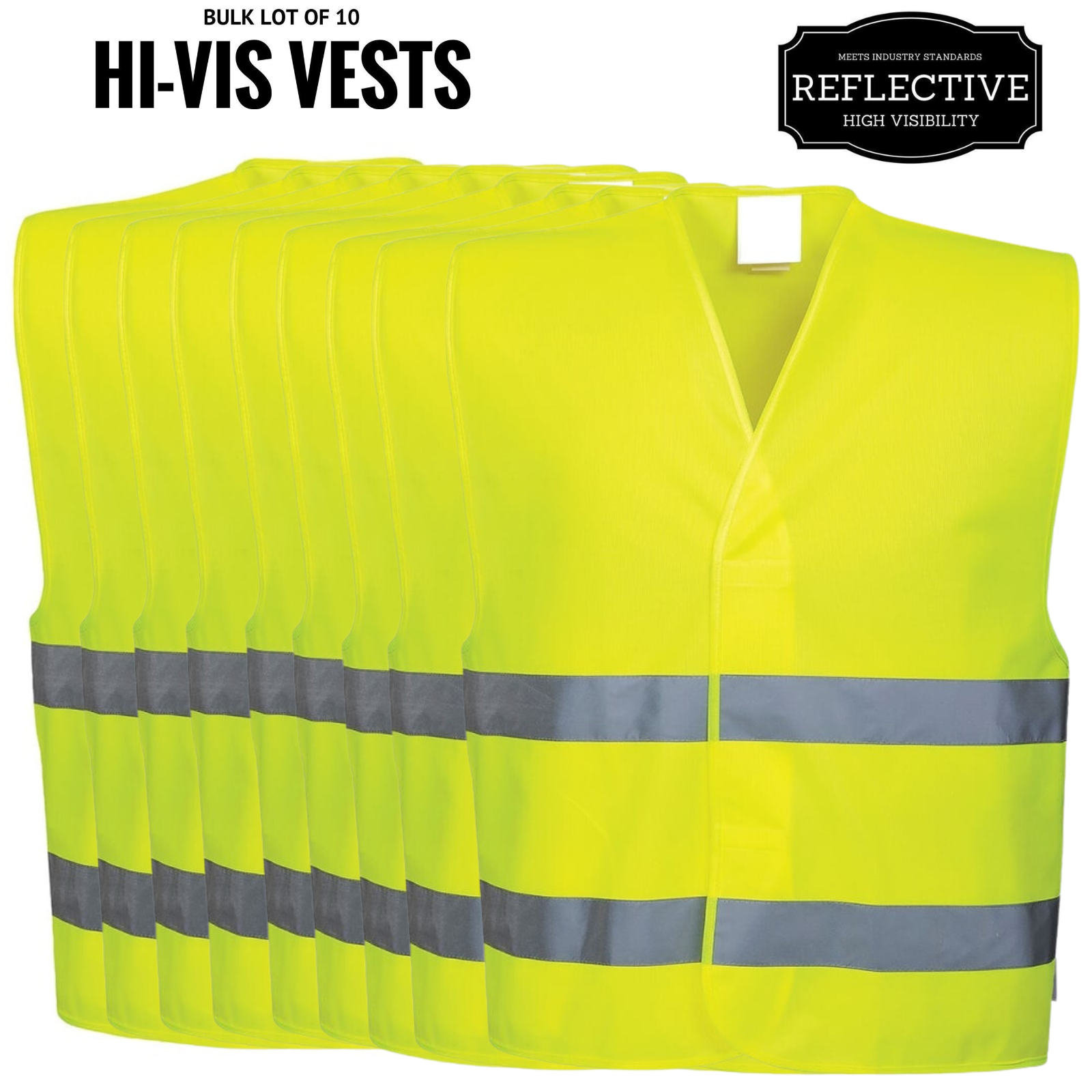 10x Hi Vis Safety Vest Reflective Tape Workwear Night & Day Bulk - Yellow - One Size