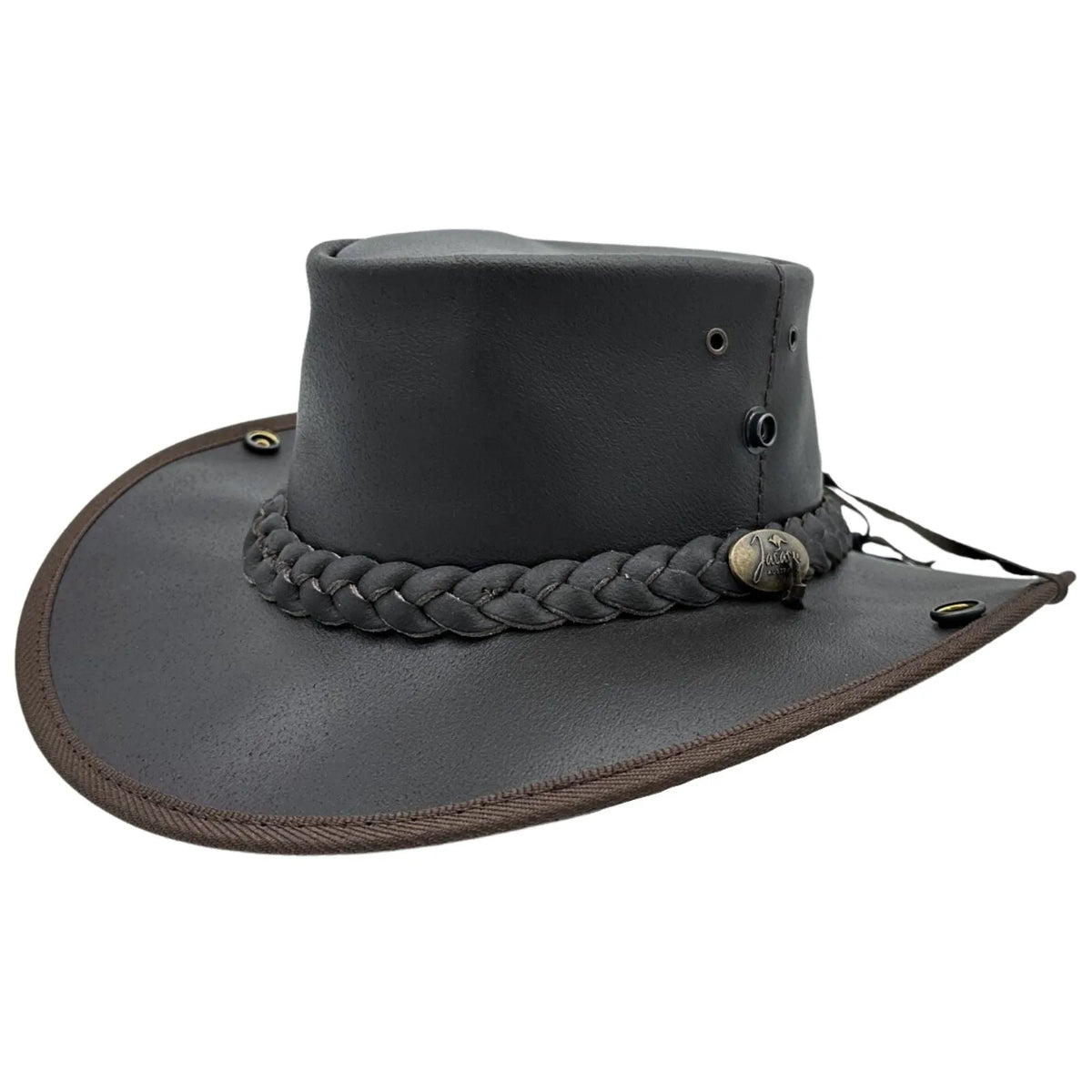 Jacaru Boundary Rider Bovine Cow Leather Hat Chinstrap Side Snaps - Brown