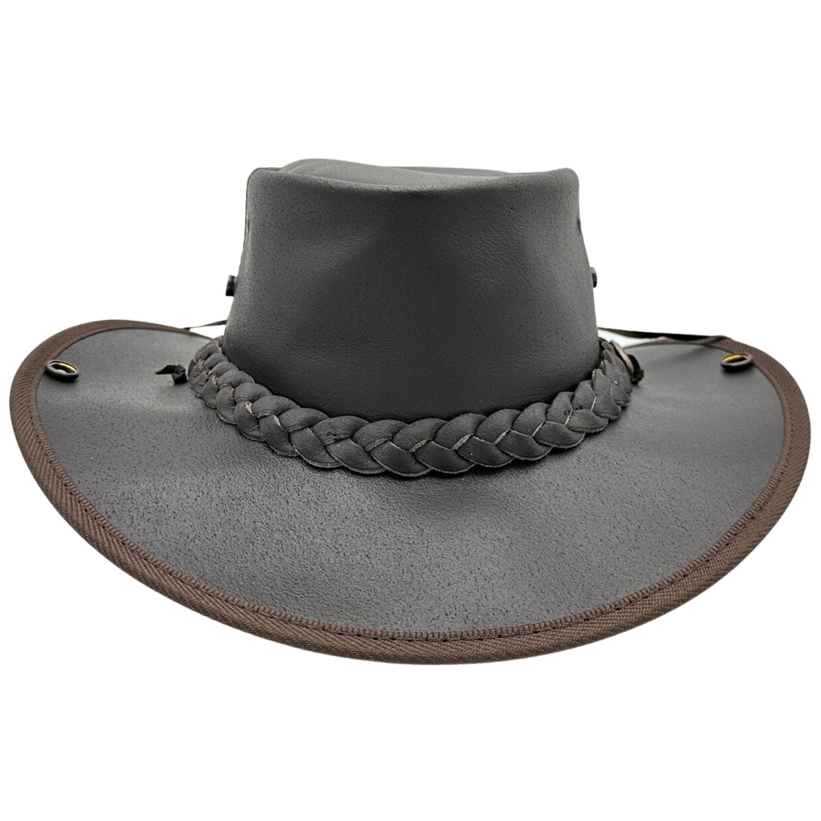 Jacaru Boundary Rider Bovine Cow Leather Hat Chinstrap Side Snaps - Brown