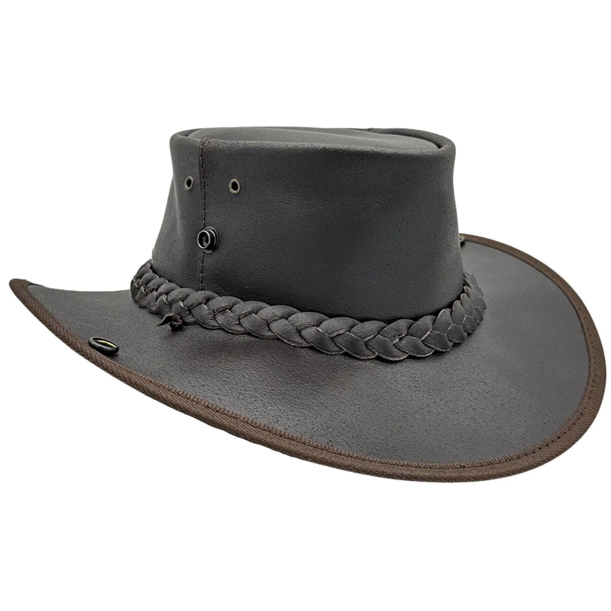 Jacaru Boundary Rider Bovine Cow Leather Hat Chinstrap Side Snaps - Brown