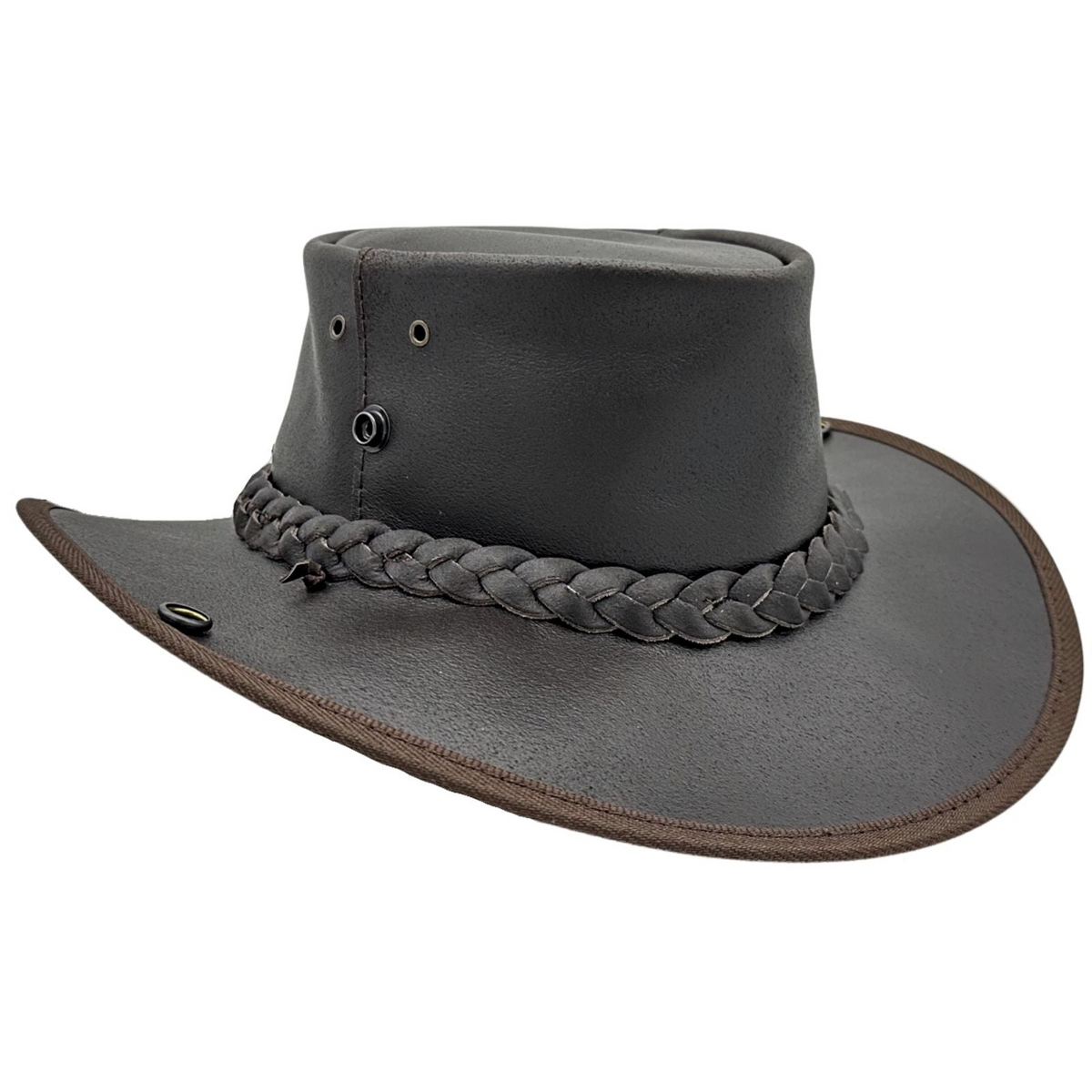 Jacaru Boundary Rider Bovine Cow Leather Hat Chinstrap Side Snaps - Brown