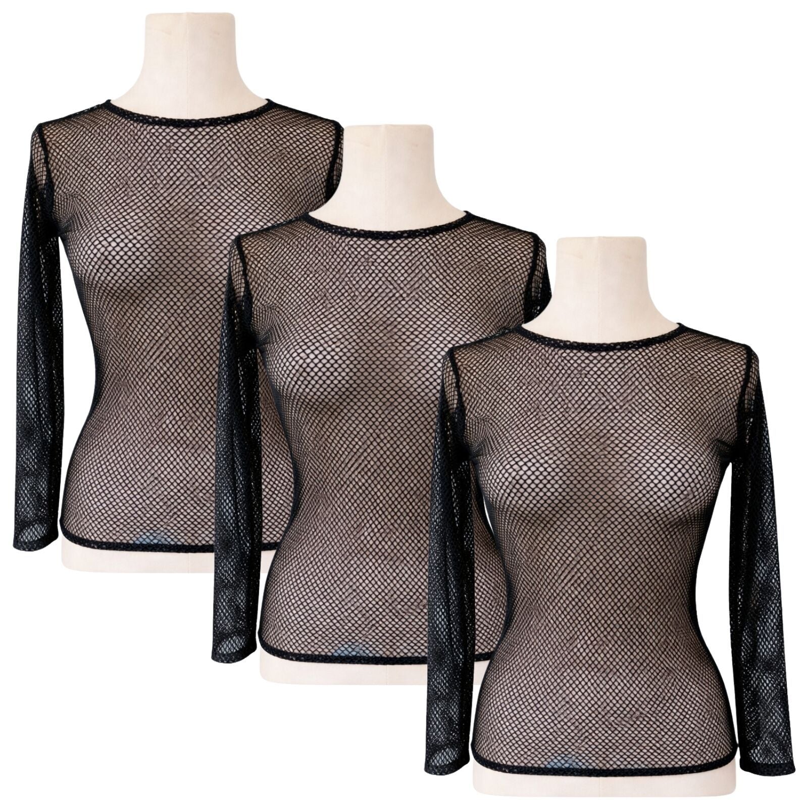 3x Womens Fishnet Mesh Top Long Sleeve Sheer Stretch See Through Costume - Black