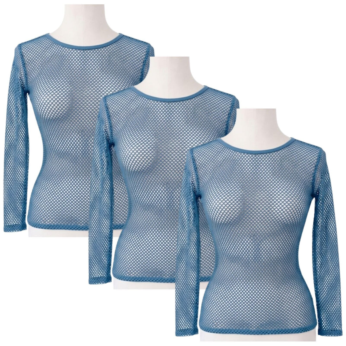 3x Womens Fishnet Mesh Top Long Sleeve Sheer Stretch See Through Costume - Blue
