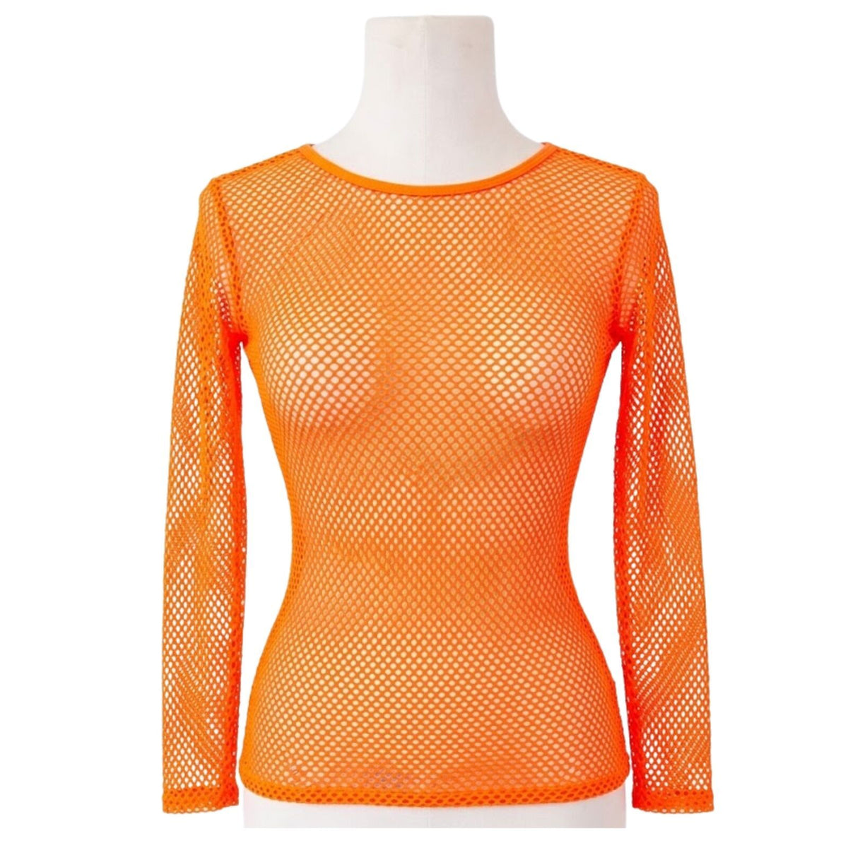 Womens Fishnet Mesh Top Long Sleeve Sheer See Through Costume - Fluro Orange