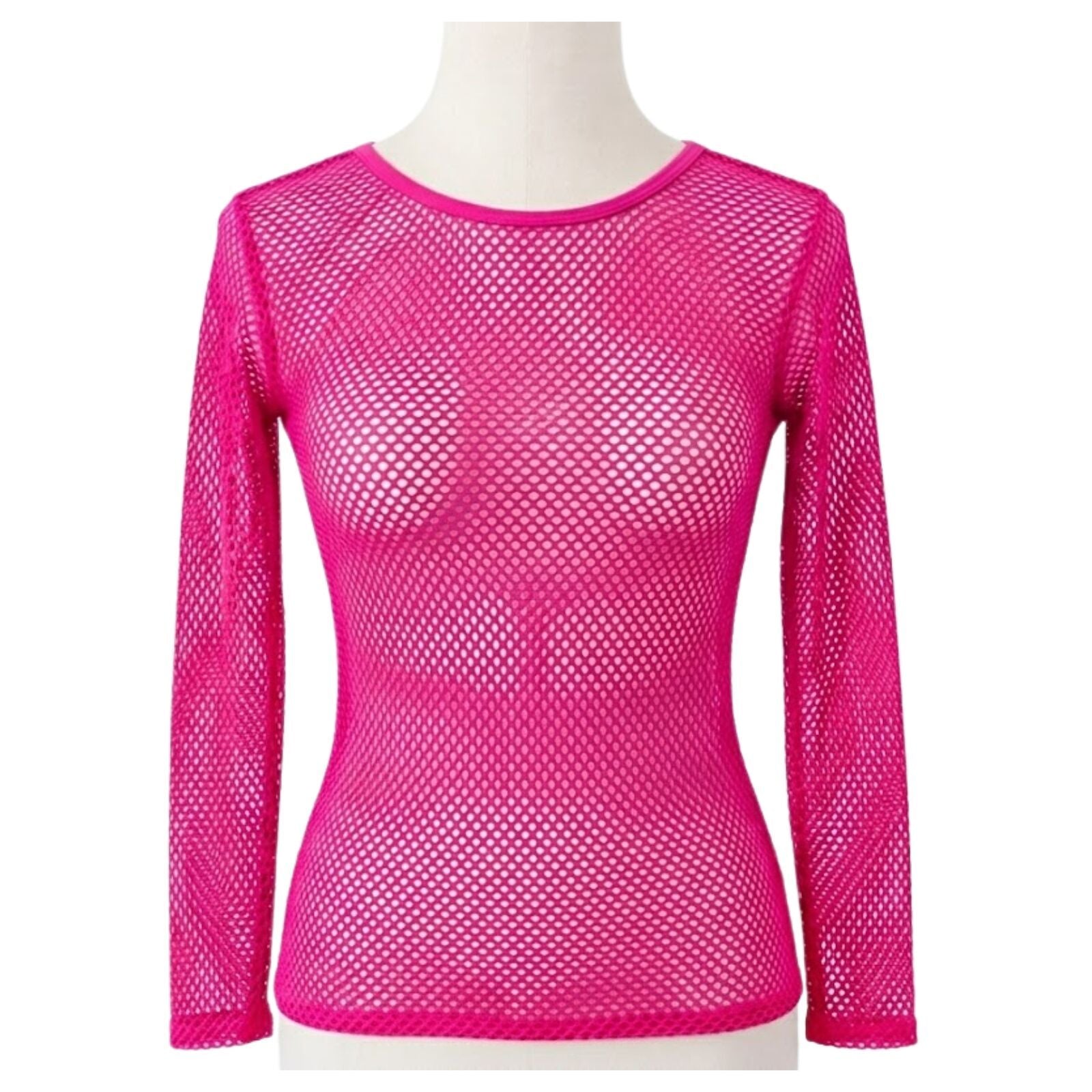 Womens Fishnet Mesh Top Long Sleeve Sheer See Through Party Costume - Hot Pink