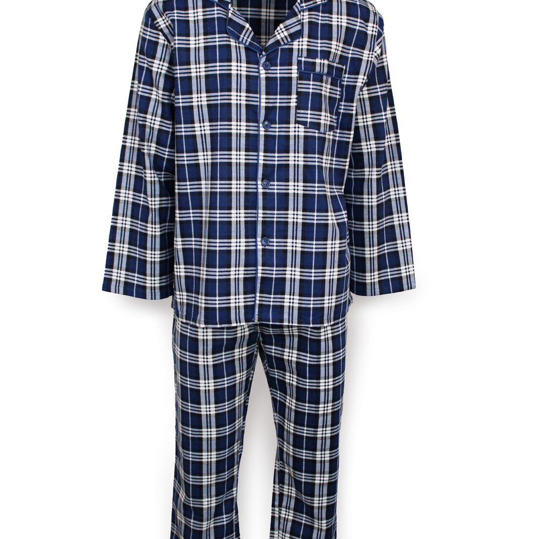 Mens Flannelette Pyjama Set Sleepwear Soft 100% Cotton PJs - Blue Check - L