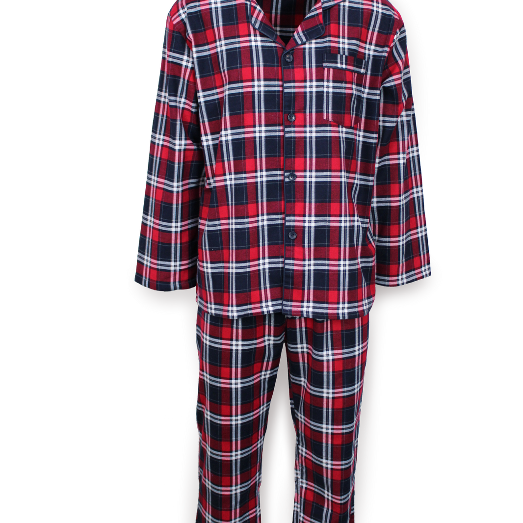 Mens Flannelette Pyjama Set Sleepwear Soft 100% Cotton PJs - Navy/Red - XXL