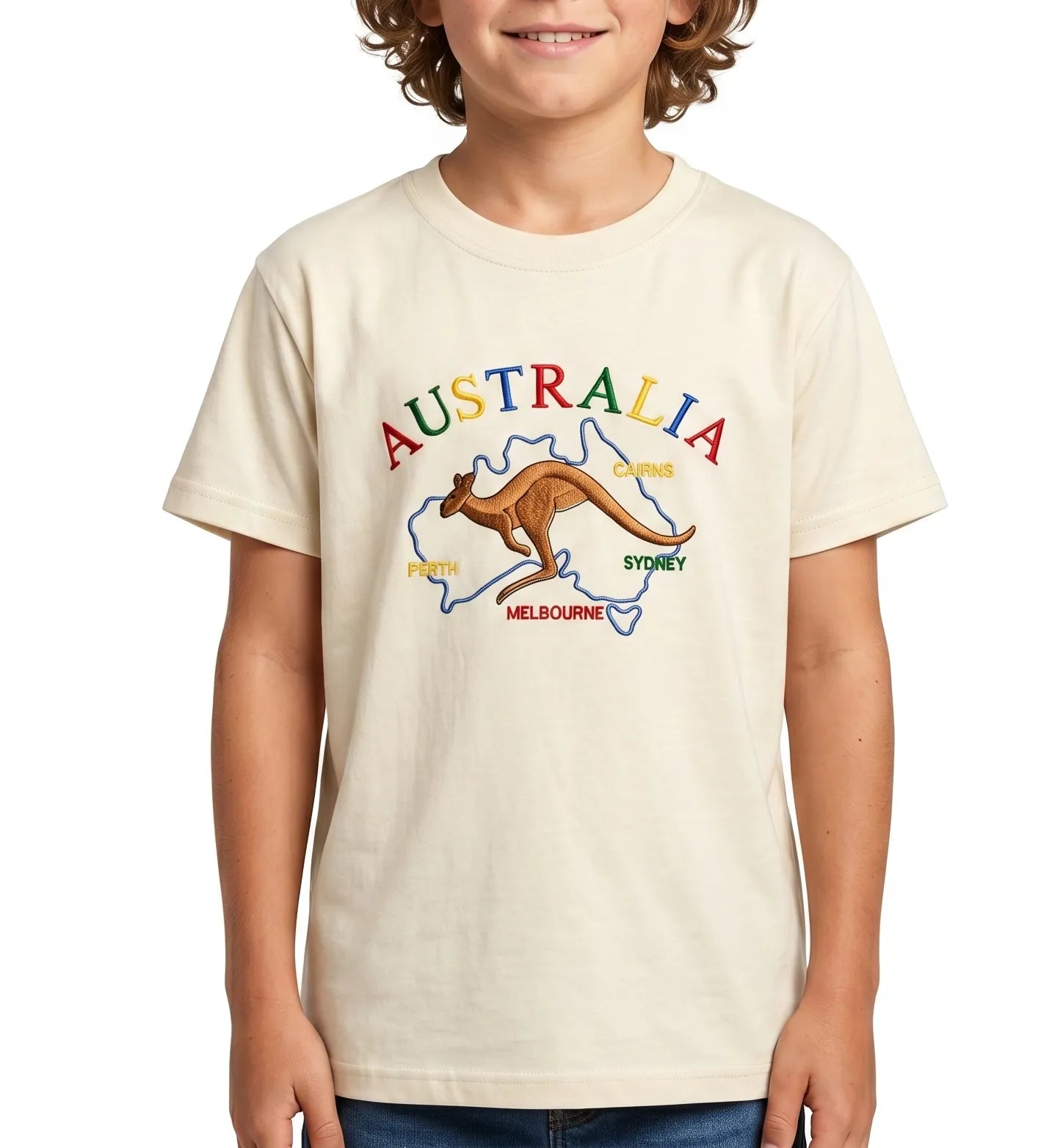 Kids Australia Kangaroo T Shirt Tee Childrens Child 100% Cotton Top - Beige