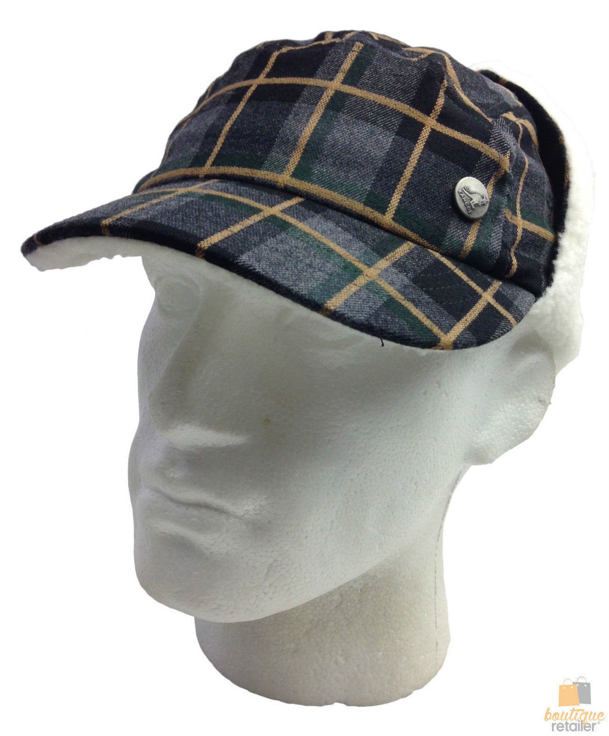 KANGOL Plaid Supre Ushanka Sherpa Chullo Lined Hat Warm Winter Ear Trapper Flying - Grey/Black - S/M