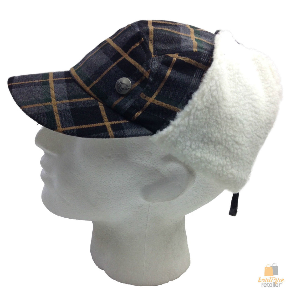 KANGOL Plaid Supre Ushanka Sherpa Chullo Lined Hat Warm Winter Ear Trapper Flying - Grey/Black - S/M