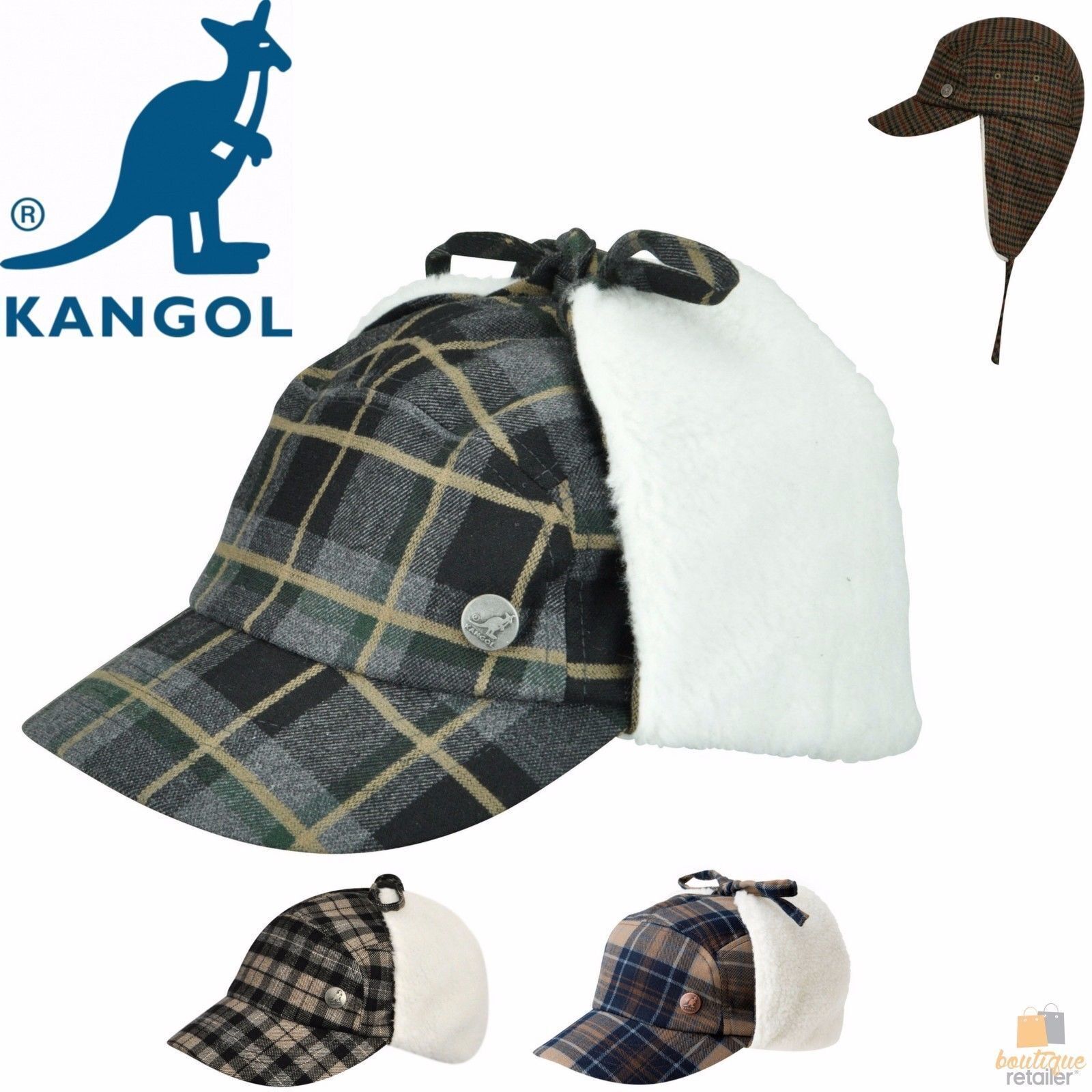 KANGOL Plaid Supre Ushanka Sherpa Chullo Lined Hat Warm Winter Ear Trapper Flying - Navy/Khaki - L/XL