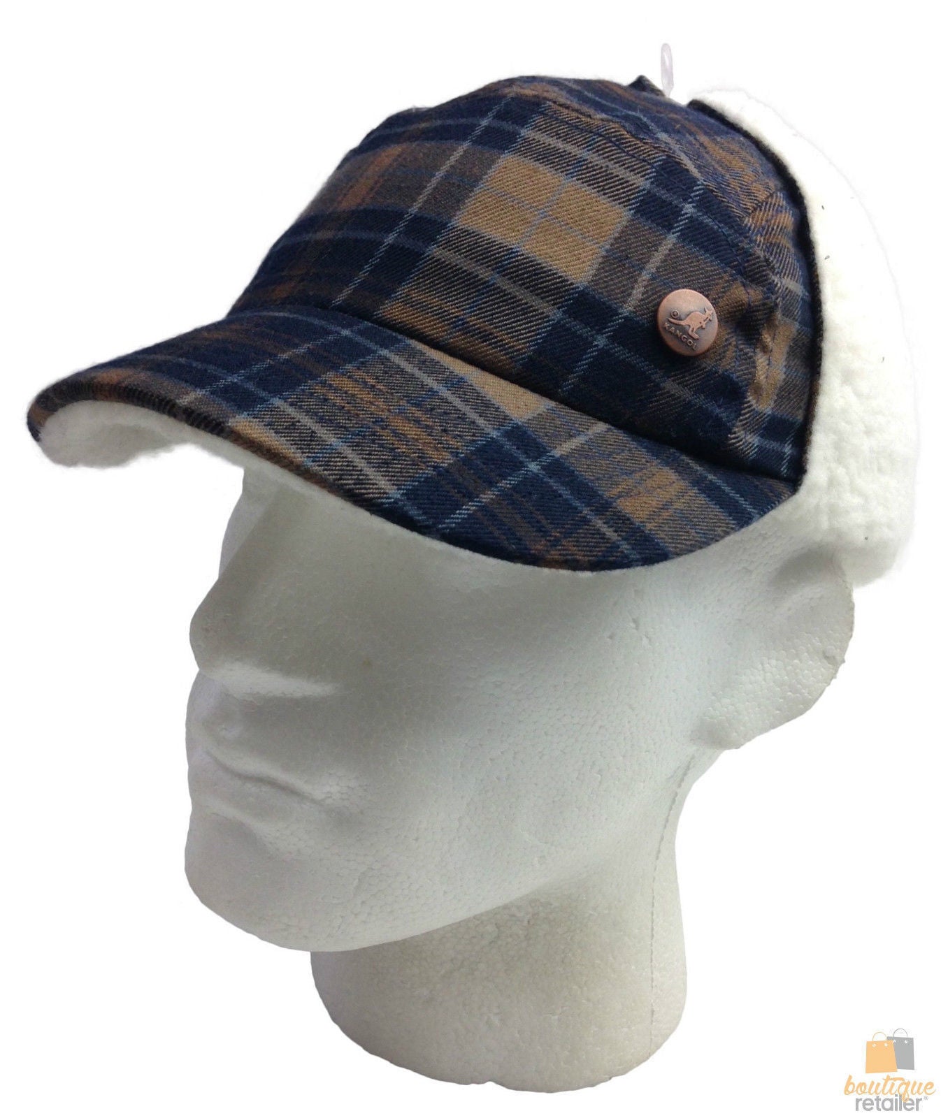 KANGOL Plaid Supre Ushanka Sherpa Chullo Lined Hat Warm Winter Ear Trapper Flying - Navy/Khaki - S/M