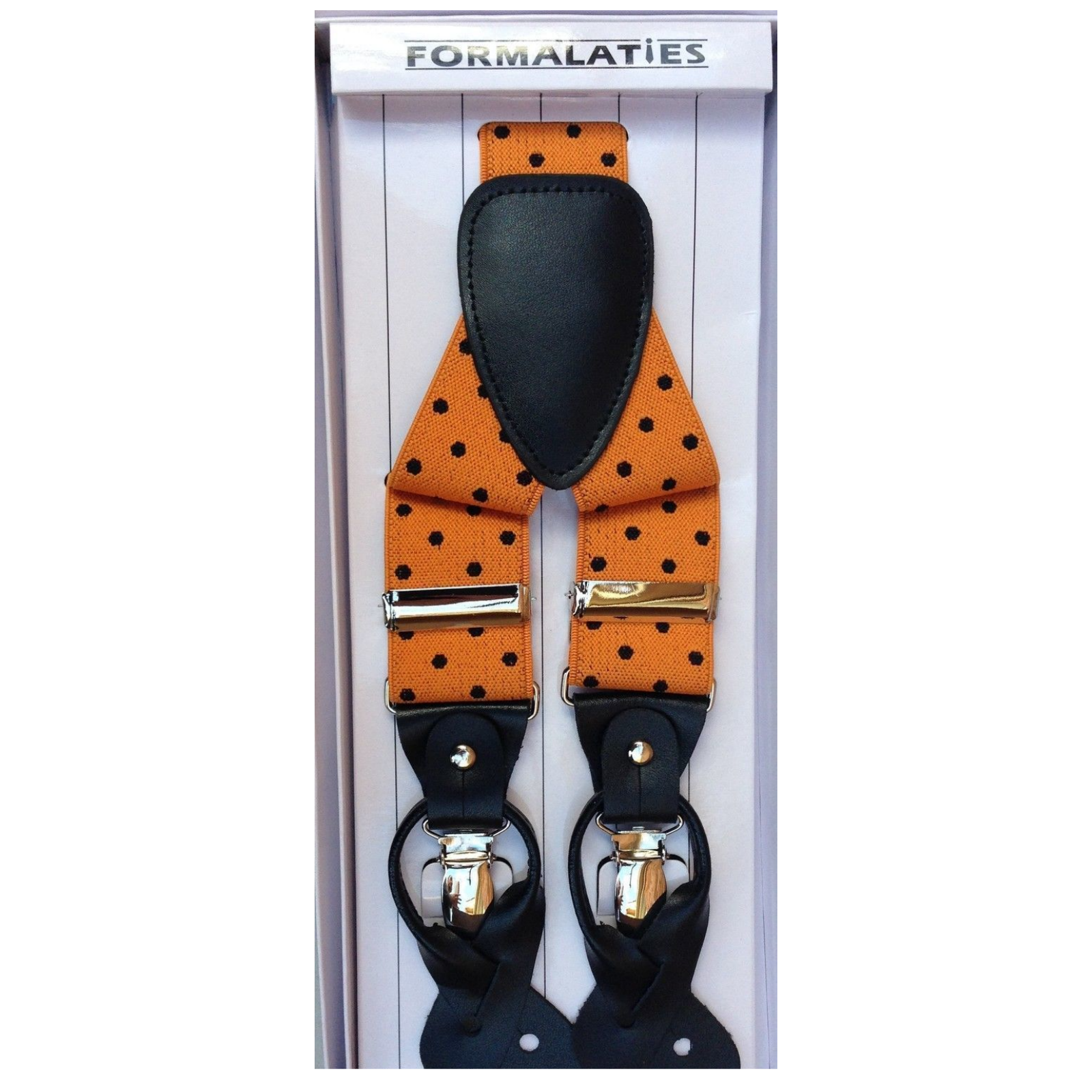 Mens Premium Convertible Suspenders Braces Clip On Elastic Y-Back Traditional Leather Tab - Polka Orange/Black