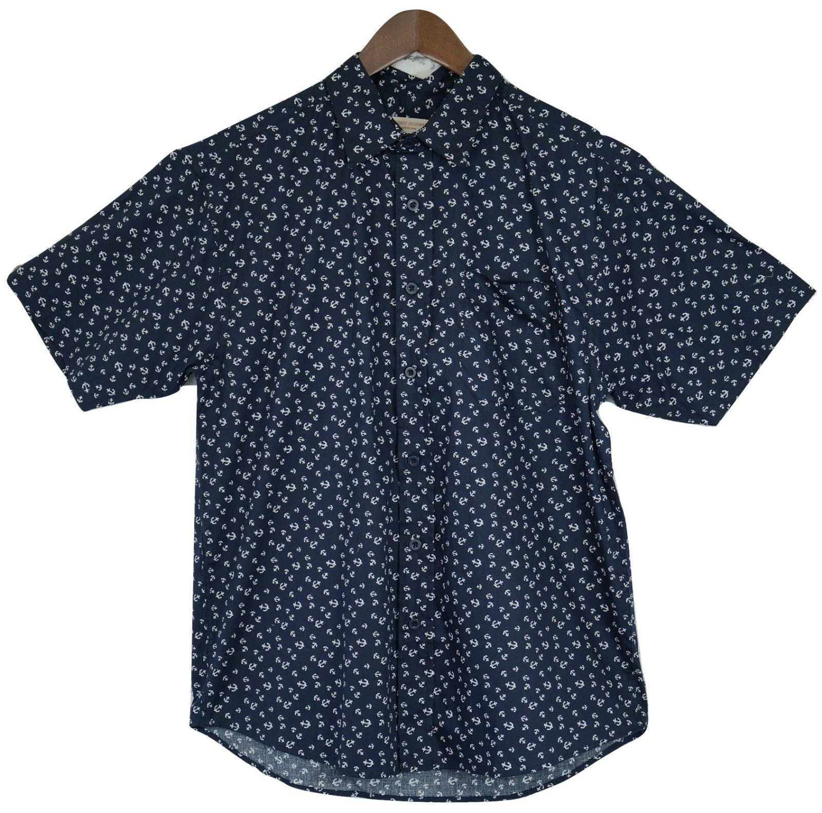 Mens MARINE ANCHOR SHIRT 100% COTTON Surf Party Short Sleeve Vintage - Navy