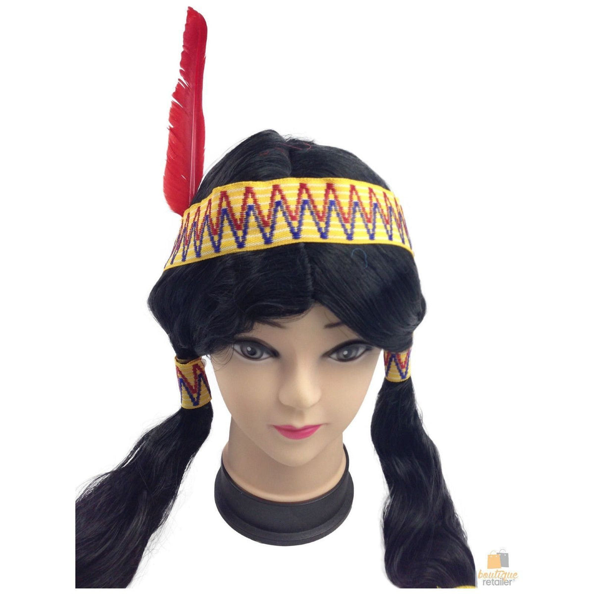 Womens Native American Wig w/ Red Feather Pigtail Indian Party Costume Hair
