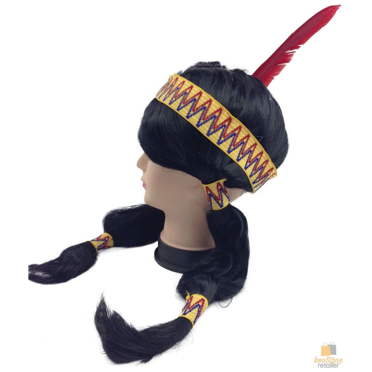 Womens Native American Wig w/ Red Feather Pigtail Indian Party Costume Hair