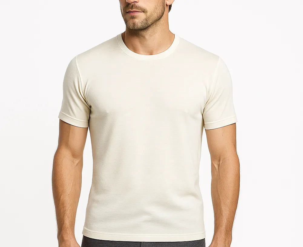 Mens 100% Pure Merino Wool Crew Neck Short Sleeve Top T Shirt Thermal Underwear - Natural