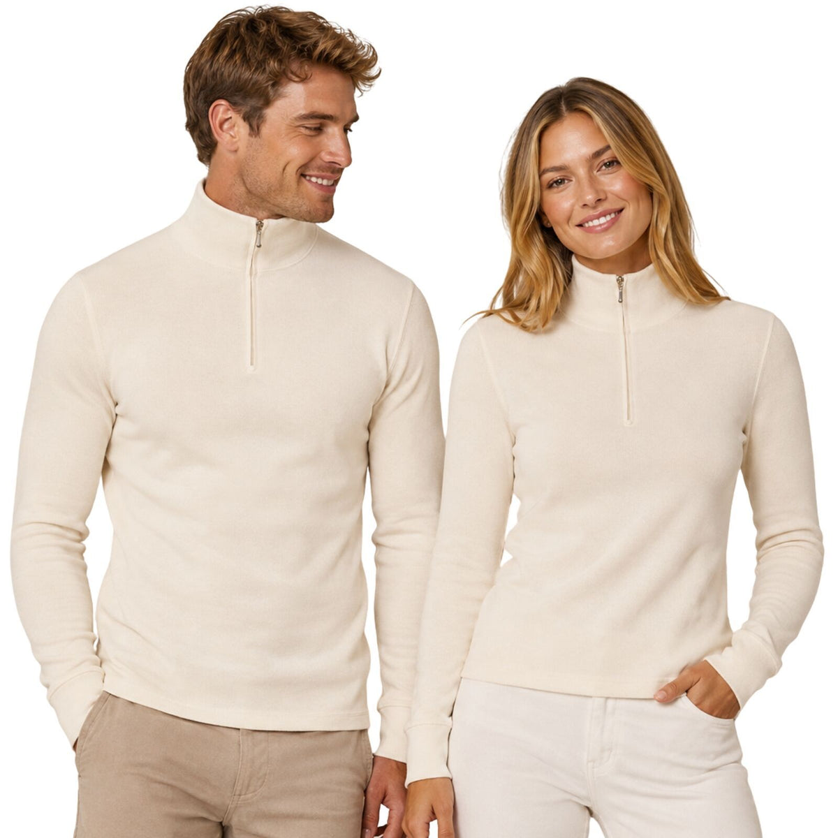 Merino Skins 100% Merino Wool Thermal Top Half Zip Long Sleeve Unisex - Natural