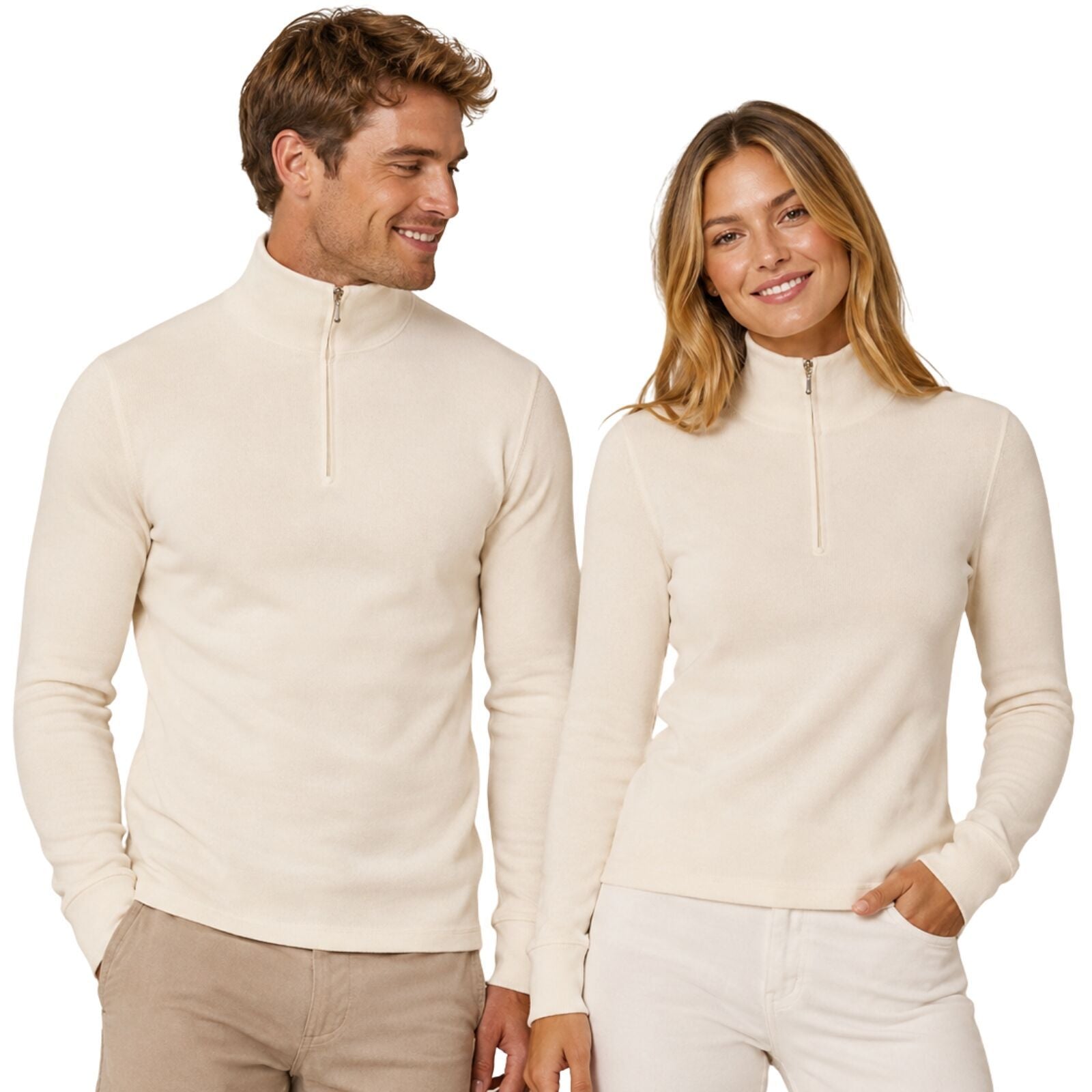 Merino Skins 100% Merino Wool Thermal Top Half Zip Long Sleeve Unisex - Natural