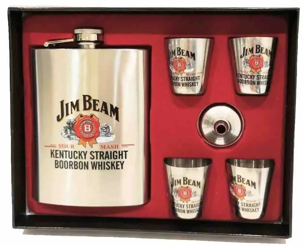 Jim Beam Stainless Steel Classic 270ml Travel Flask Set w/ 4pc Shot Glass Silver