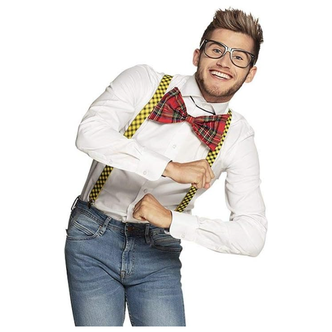 NERD COSTUME KIT Set Geek Glasses Fancy Dress Retro Funny Braces Bow Tie Party