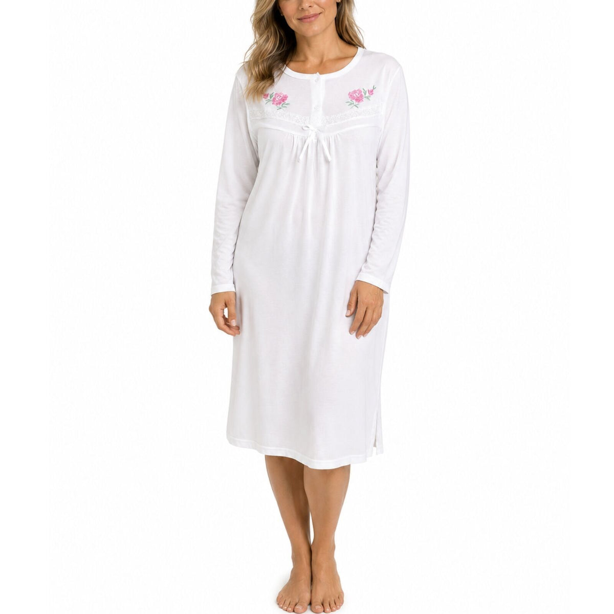Womens Cotton Nightie Long Sleeve Night Gown Pyjamas Sleepwear Lace PJ - White