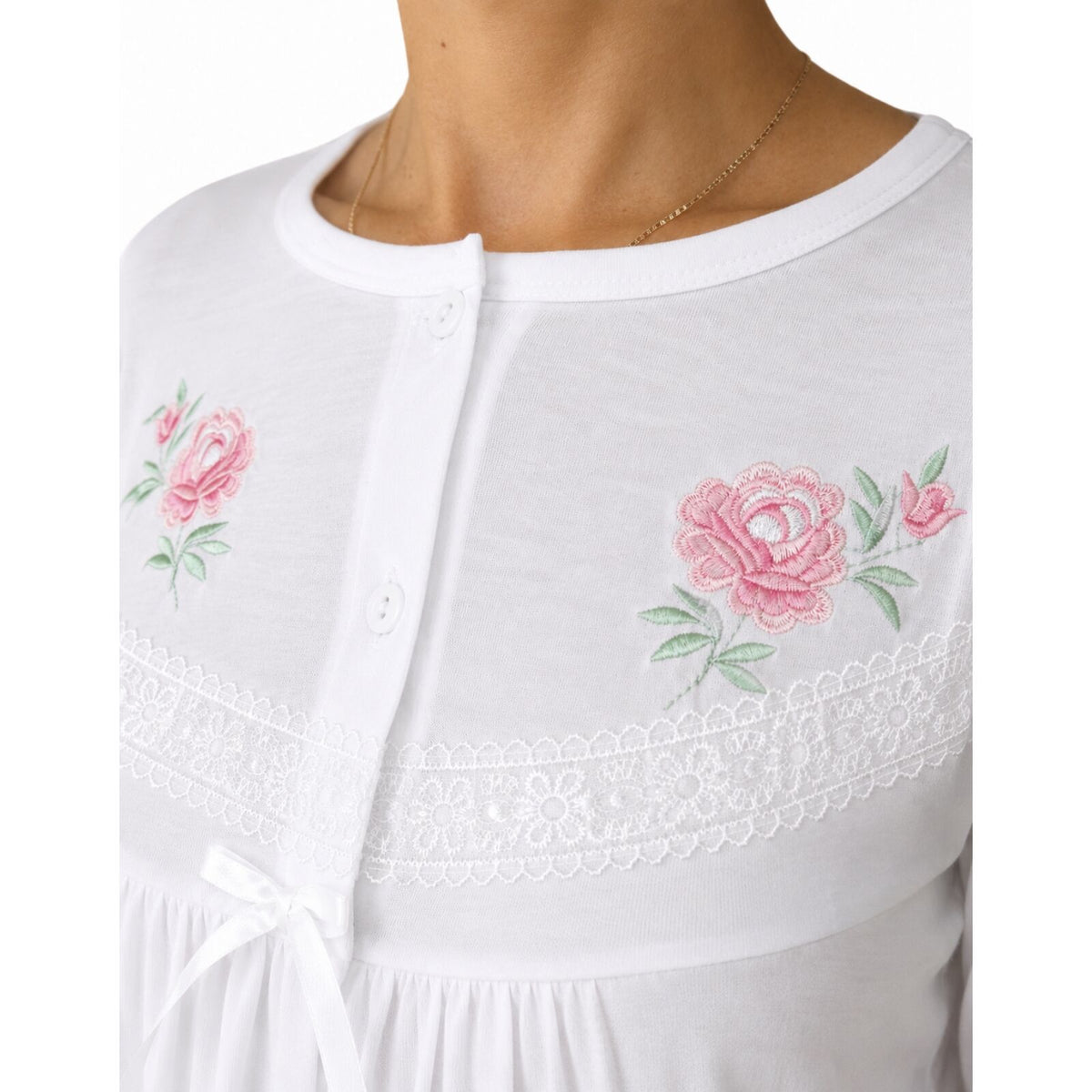 Womens Cotton Nightie Long Sleeve Night Gown Pyjamas Sleepwear Lace PJ - White