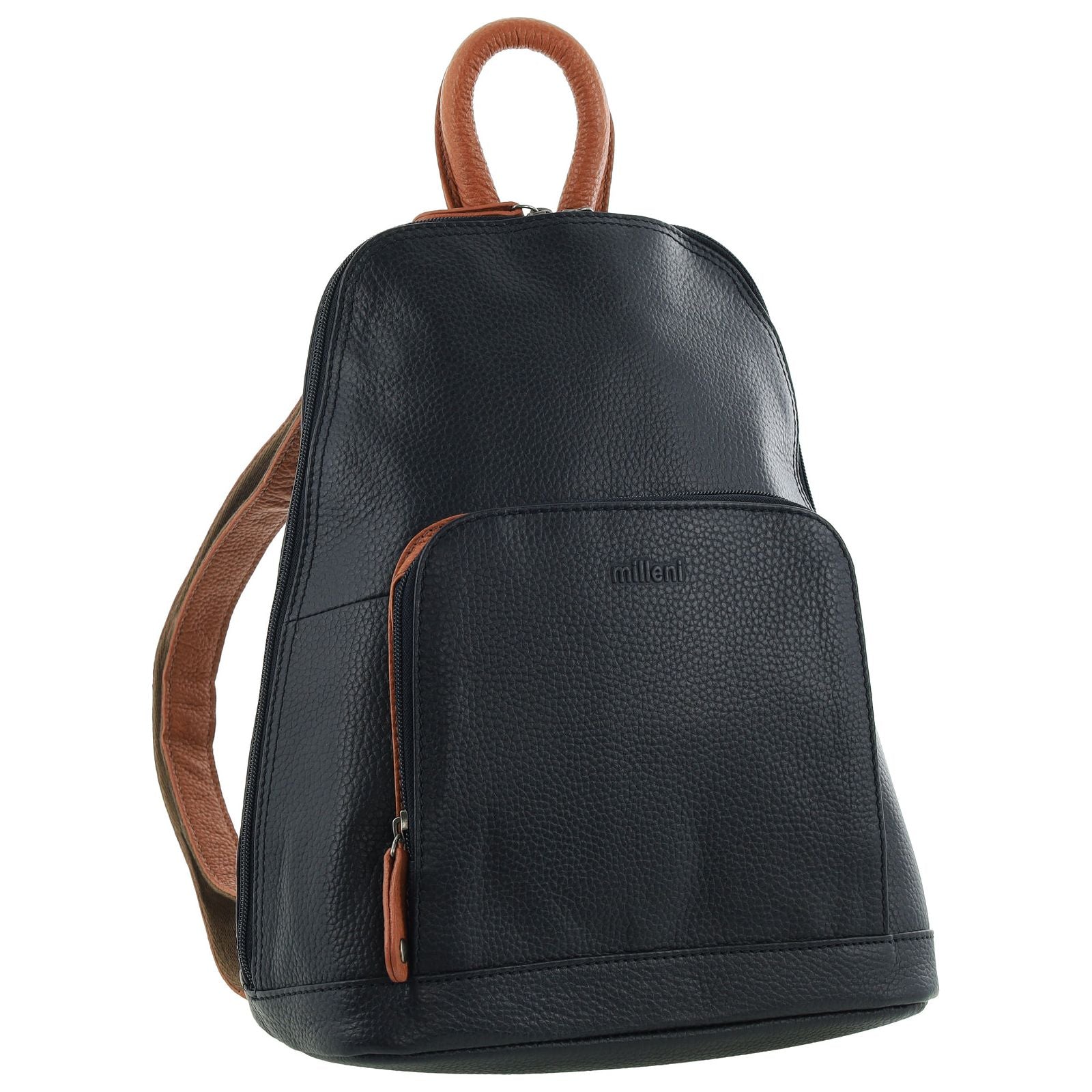 Milleni Genuine Italian Leather Soft Nappa Leather Backpack Bag Travel - Black/Cognac