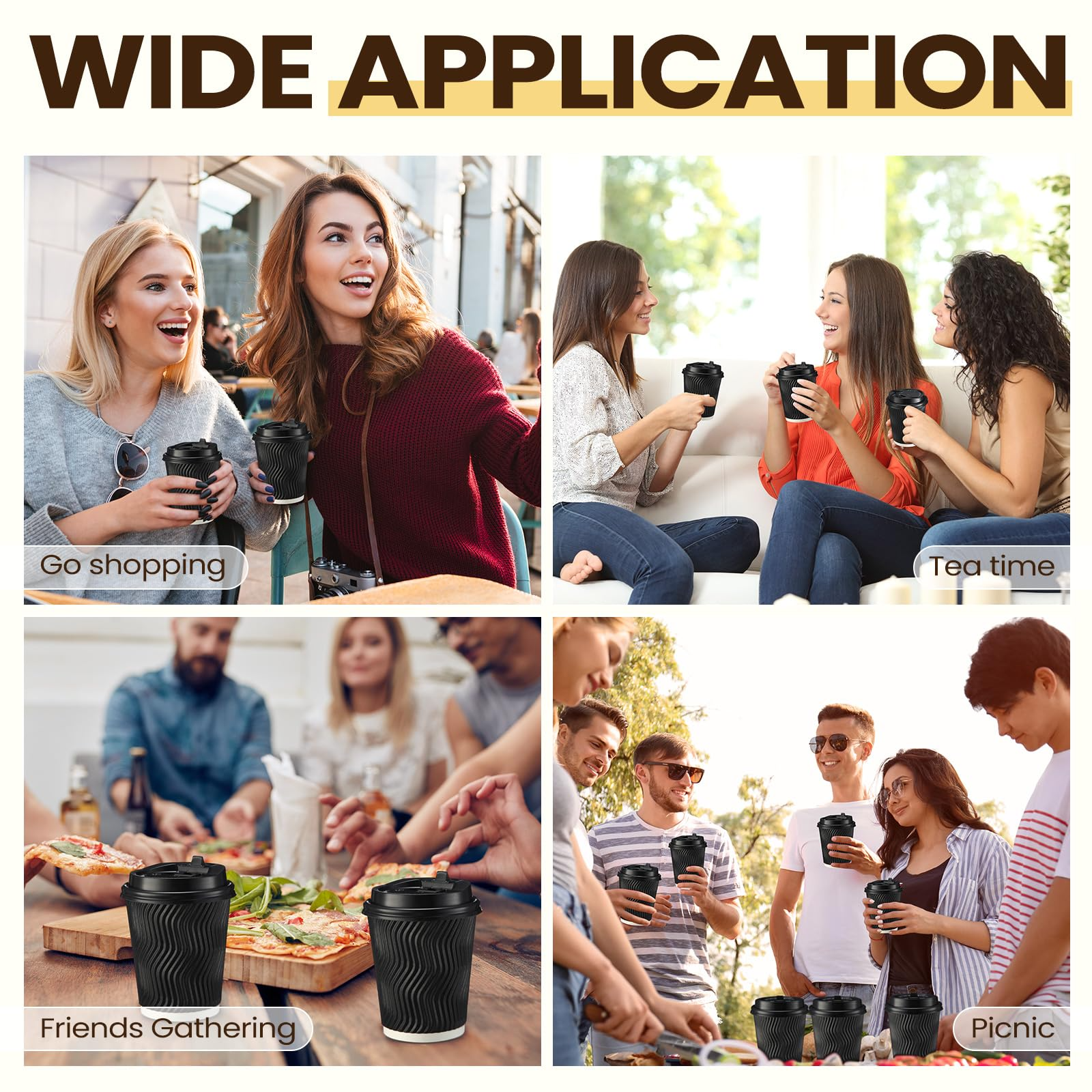 360x Triple Wall Paper Coffee Cups w/Lids (8oz) Disposable Takeaway Bulk in Black