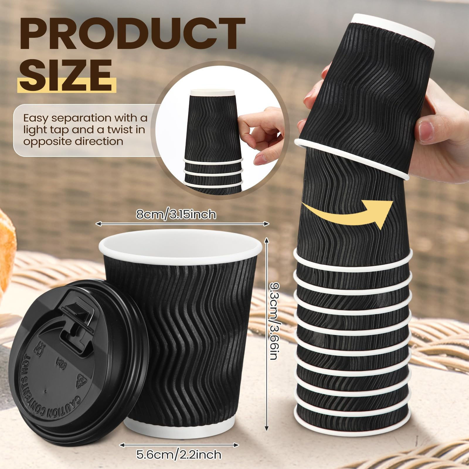 360x Triple Wall Paper Coffee Cups w/Lids (8oz) Disposable Takeaway Bulk in Black
