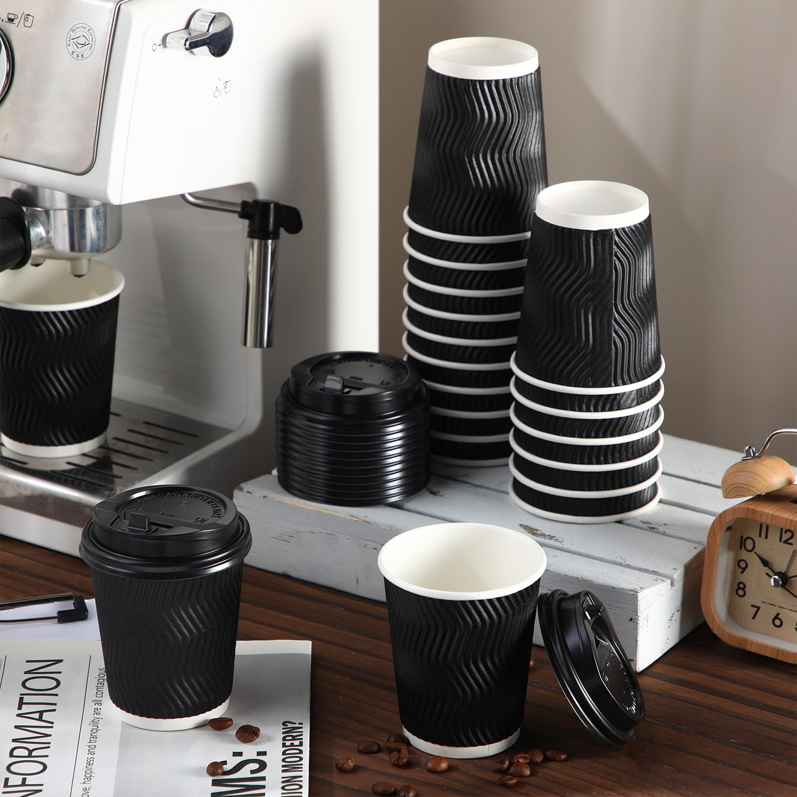 360x Triple Wall Paper Coffee Cups w/Lids (8oz) Disposable Takeaway Bulk in Black