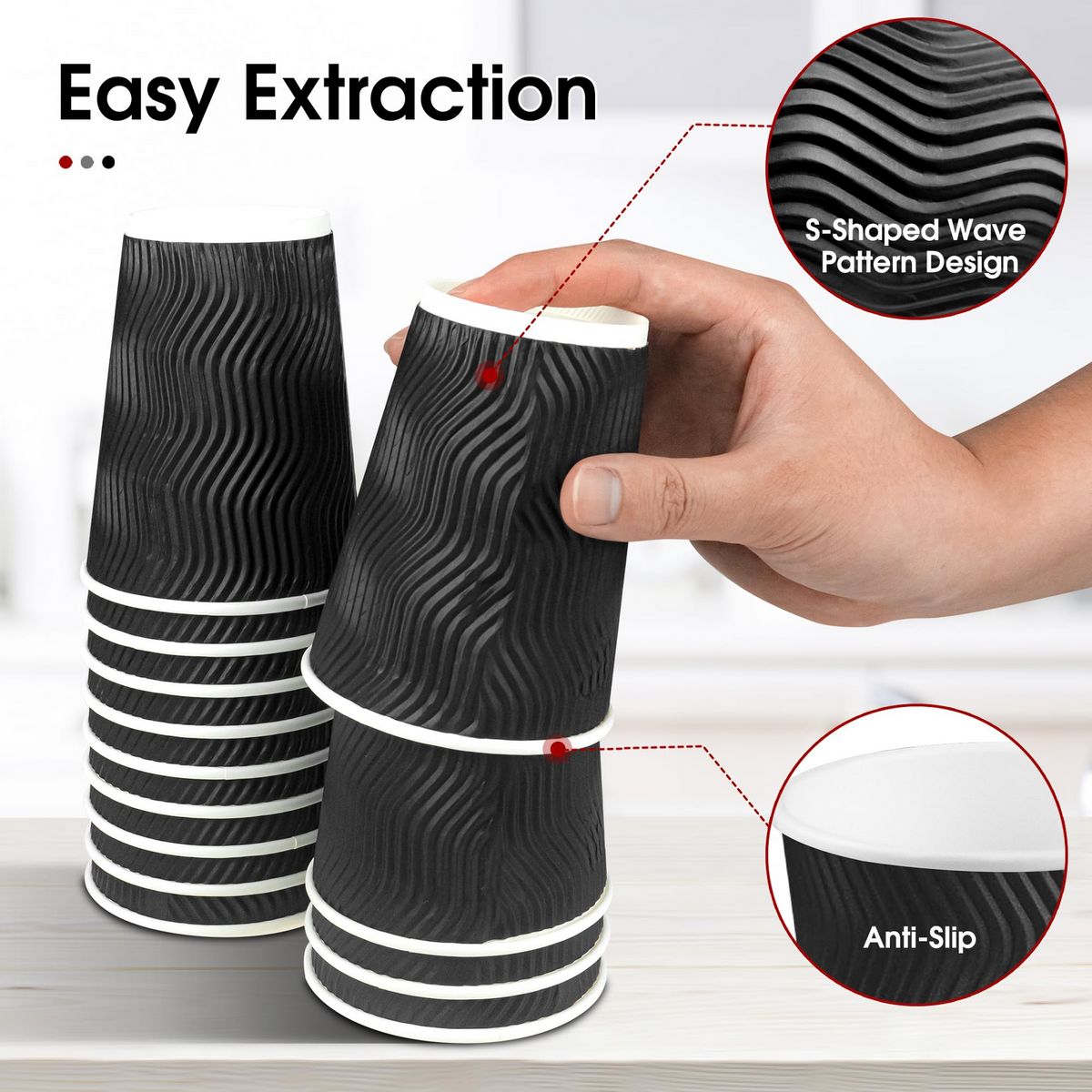 360x Triple Wall Paper Coffee Cups w/Lids (12oz) Disposable Takeaway Bulk in Black