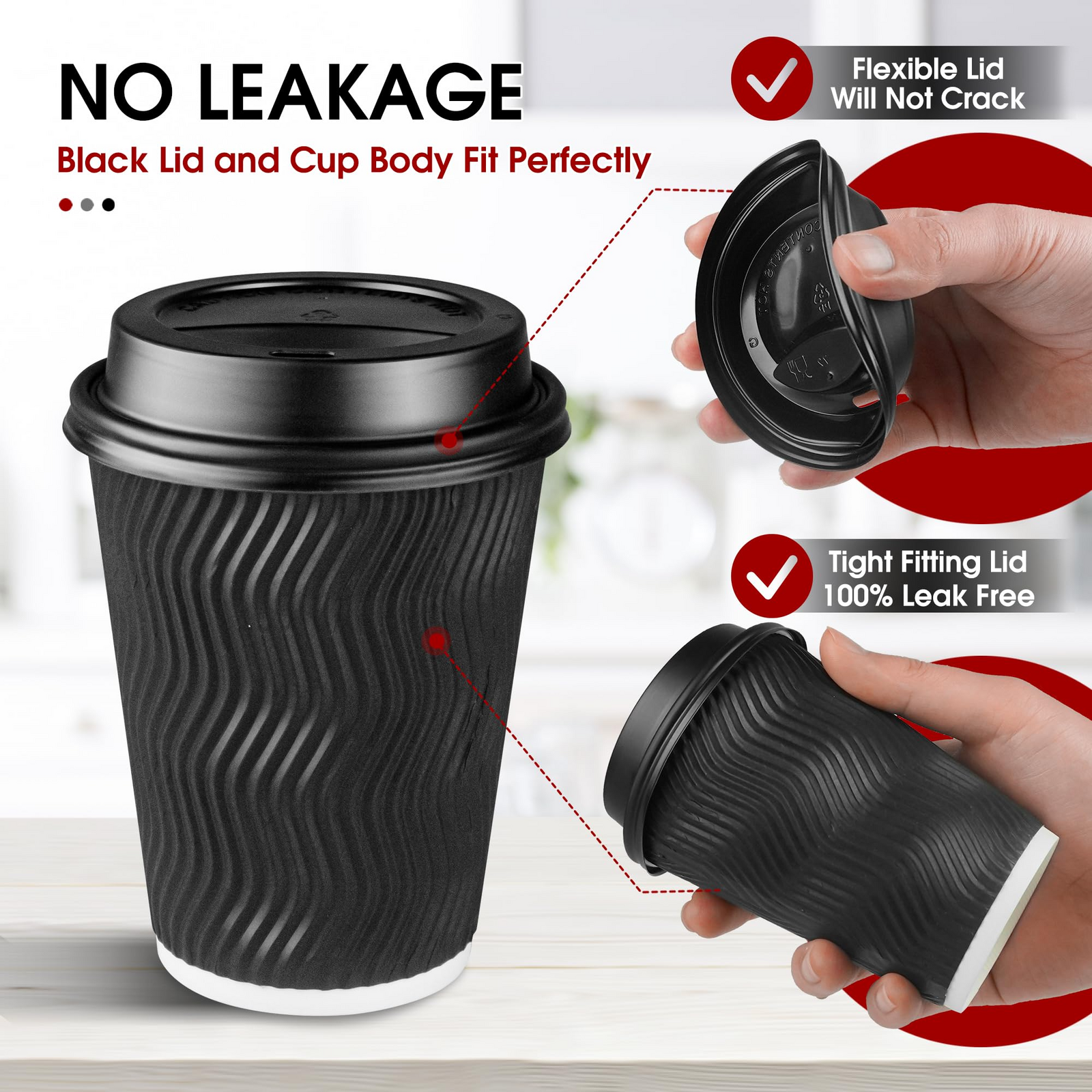360x Triple Wall Paper Coffee Cups w/Lids (12oz) Disposable Takeaway Bulk in Black