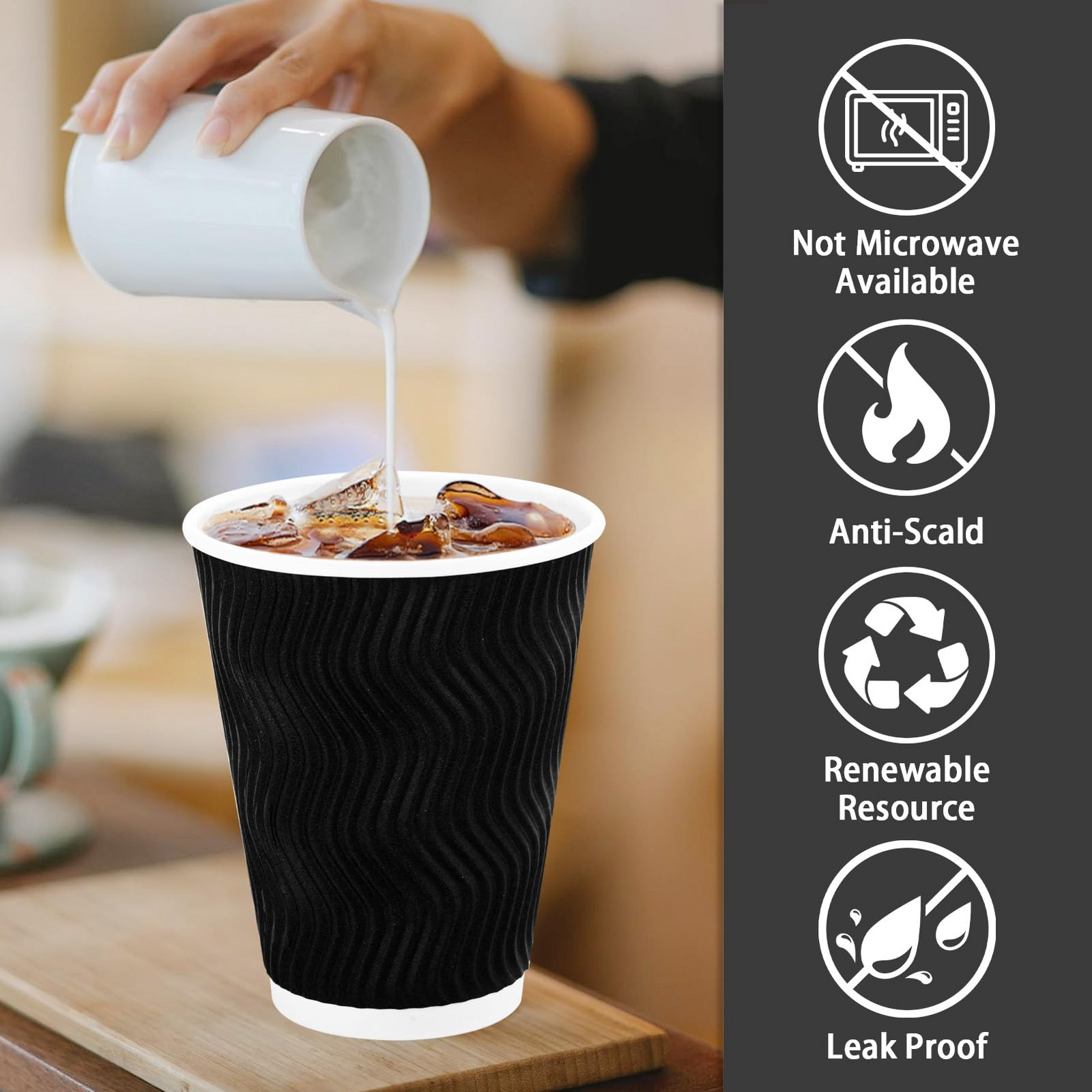500x Triple Wall Coffee Cups (12oz) Disposable Takeaway BPA Free Paper Bulk in Black