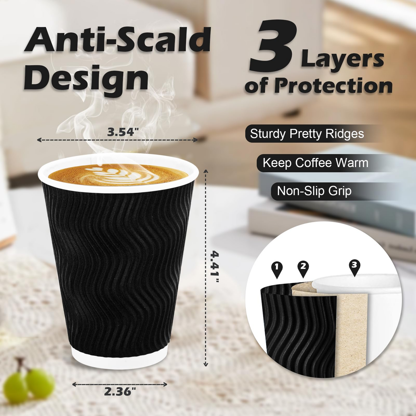 500x Triple Wall Coffee Cups (12oz) Disposable Takeaway BPA Free Paper Bulk in Black