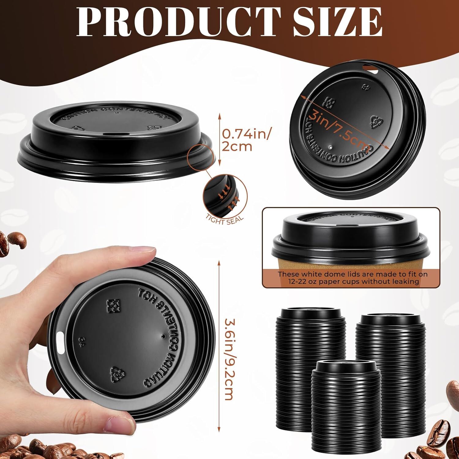 1000x 90mm Plastic Coffee Cup Lids for 12oz / 16oz Cups Dome Style - Black