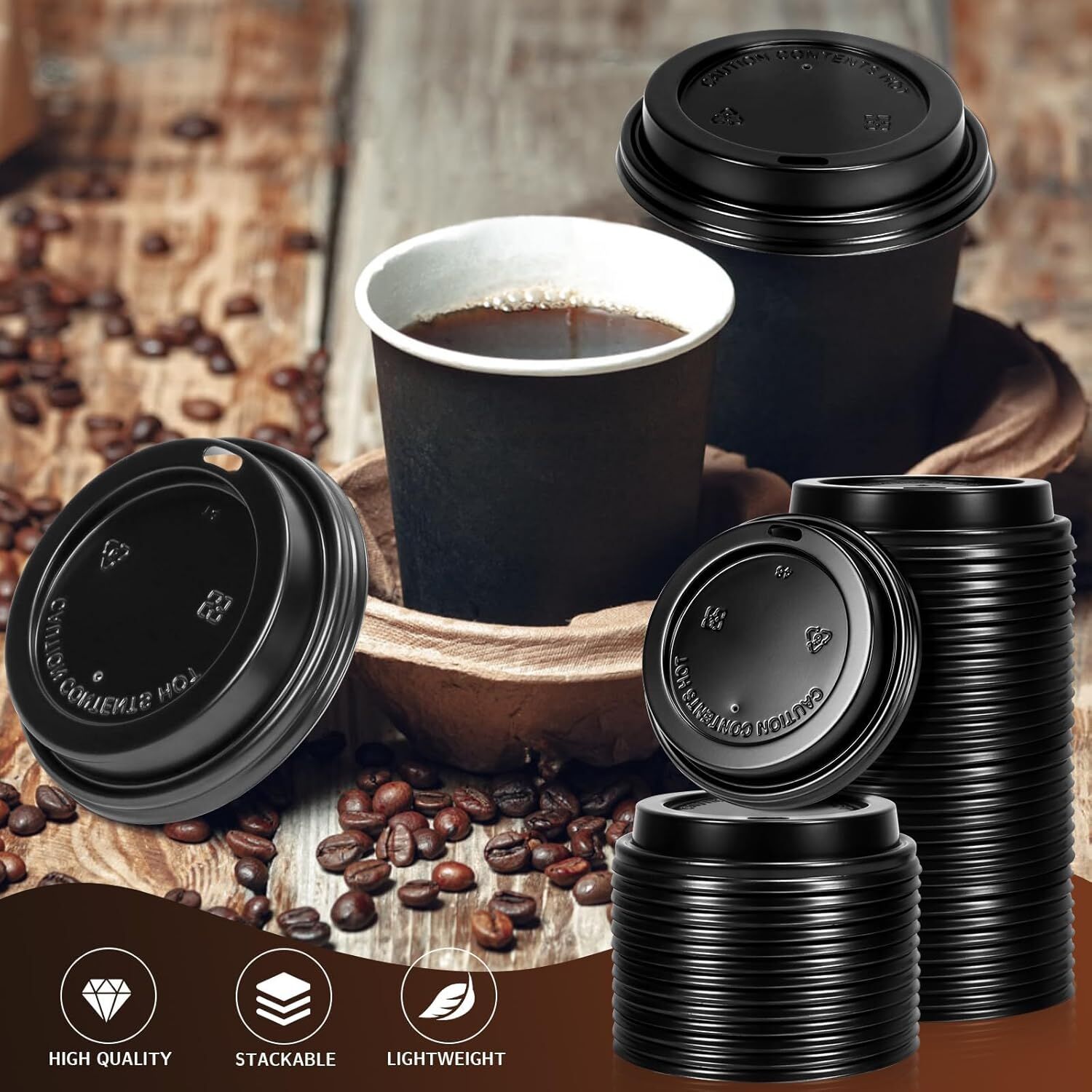 1000x 90mm Plastic Coffee Cup Lids for 12oz / 16oz Cups Dome Style - Black