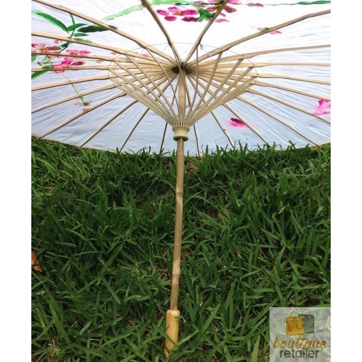 PARASOL UMBRELLA Chinese Japanese Bamboo Flower Pattern Fabric 80cm Diameter - White