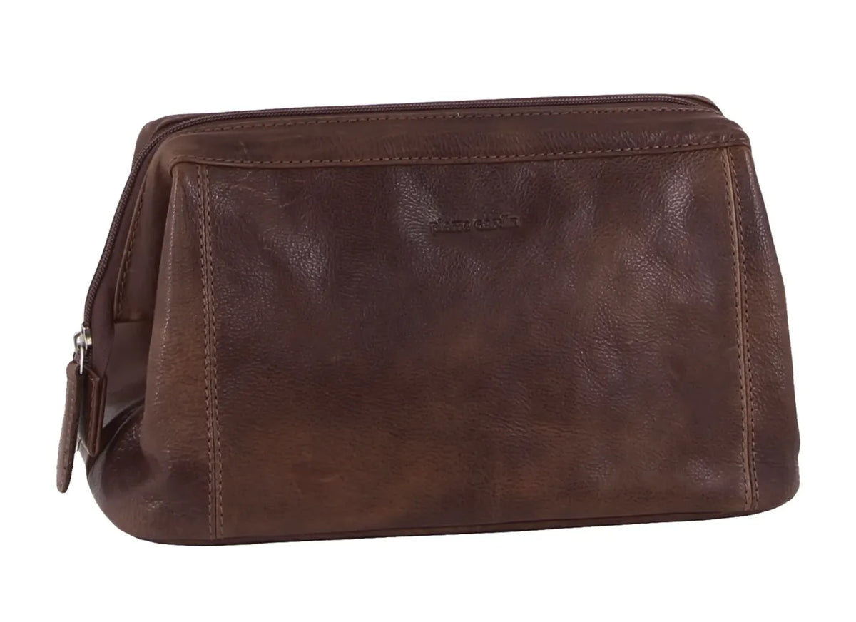 Pierre Cardin Mens Rustic Leather Toiletry Case Bag Travel - Chocolate