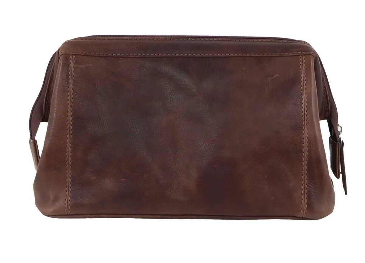 Pierre Cardin Mens Rustic Leather Toiletry Case Bag Travel - Chocolate