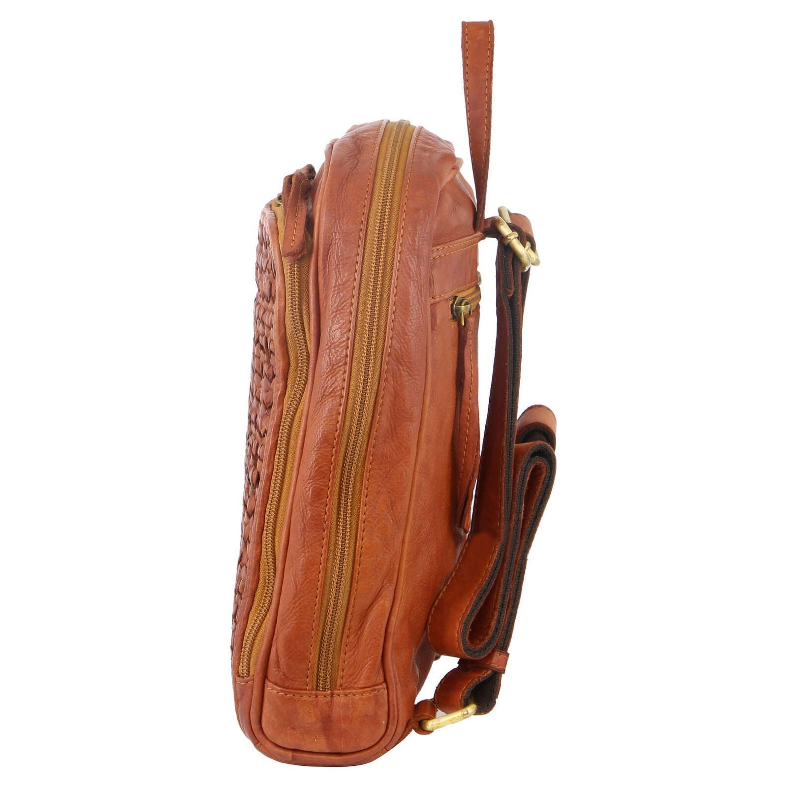 Pierre Cardin Woven Leather Ladies Backpack Bag Travel - Cognac