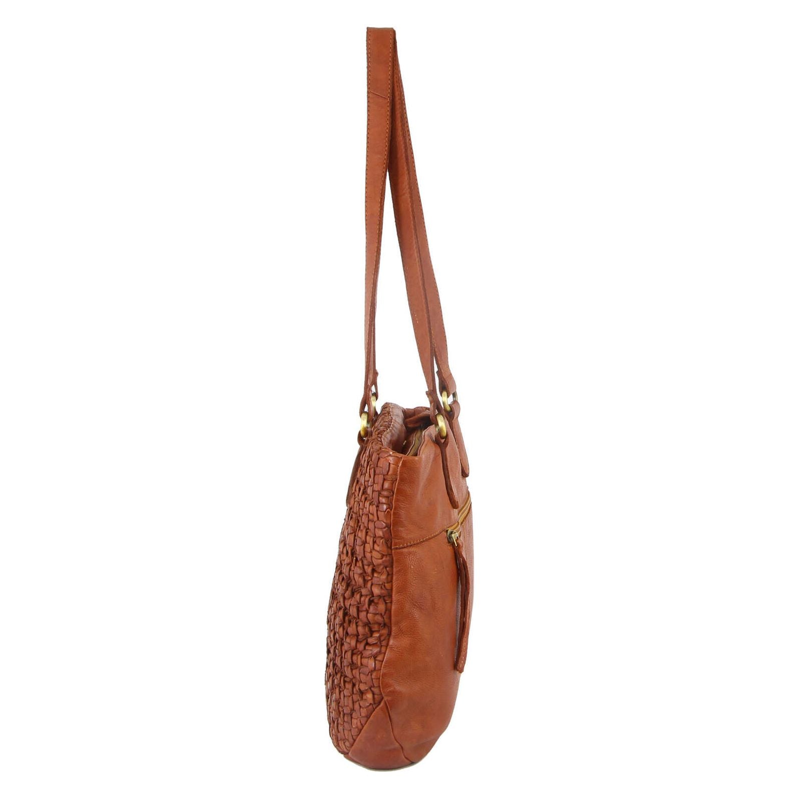 Pierre Cardin Woven Leather Ladies Shoulder Bag Travel Carry - Cognac