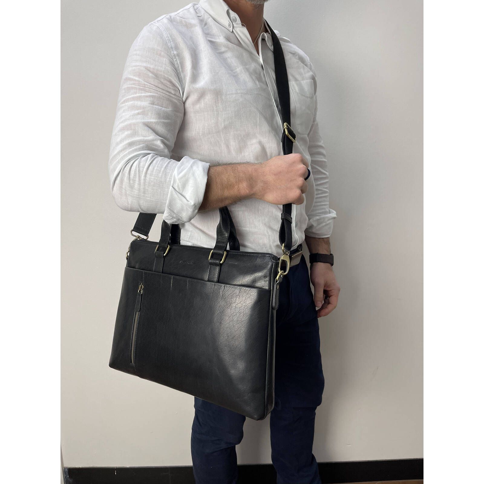 Pierre Cardin Leather Laptop Briefcase Business Bag - Black