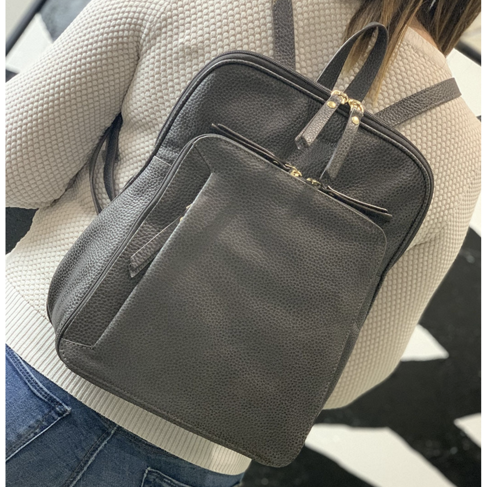 Pierre Cardin Womens Leather Backpack Bag with Pocket Front Multi-Zip - Slate