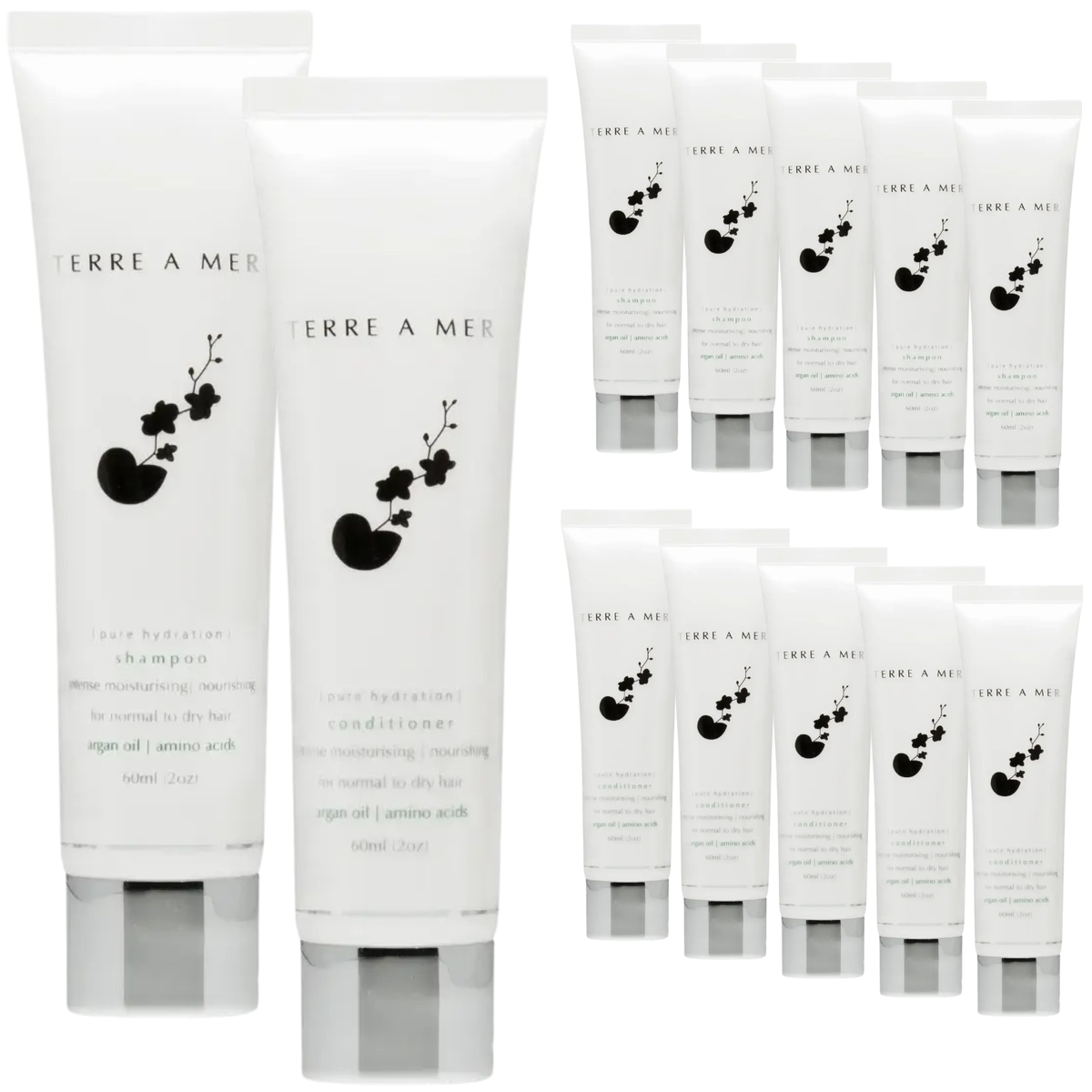 12pc Set Terre A Mer Pure Hydration Amino Acid/Argan Oil Shampoo & Conditioner  - 60ml Travel Size