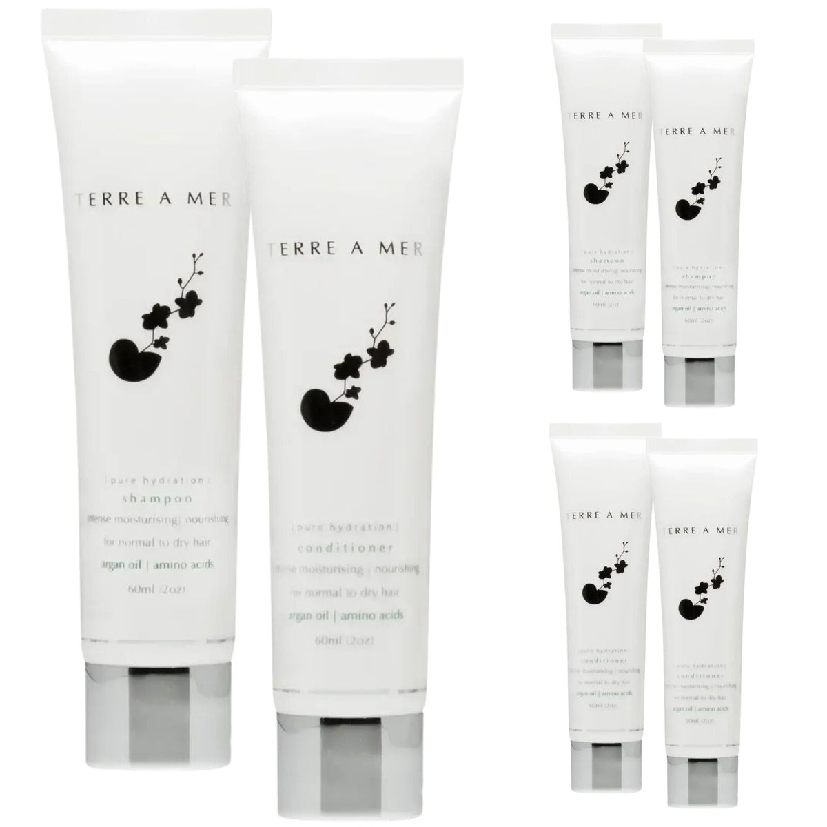 6pc Set Terre A Mer Pure Hydration Amino Acid/Argan Oil Shampoo &amp; Conditioner  - 60ml Travel Size