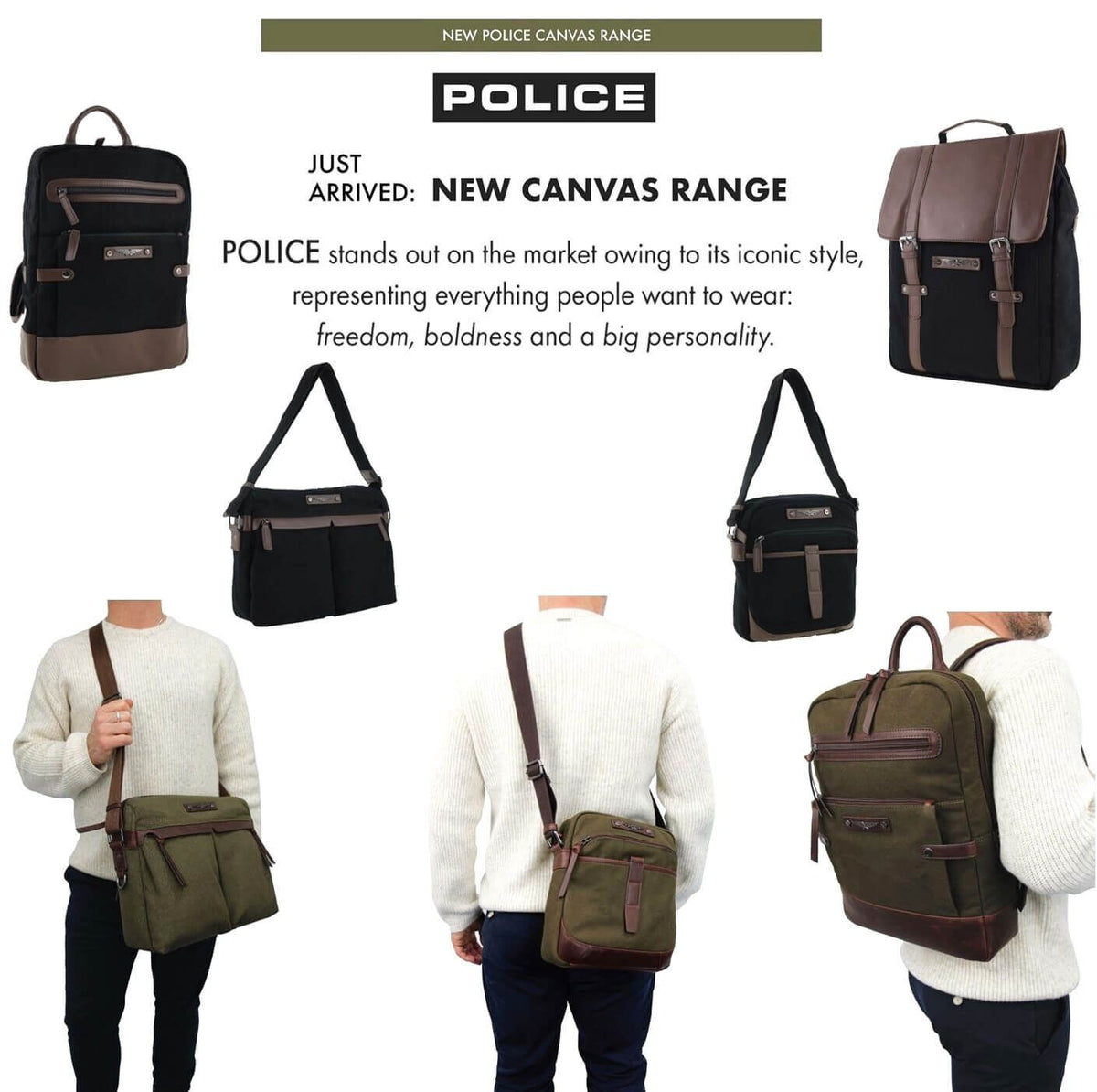 POLICE Wings Mens Canvas Backpack Bag with Laptop Computer Sleeve in Black