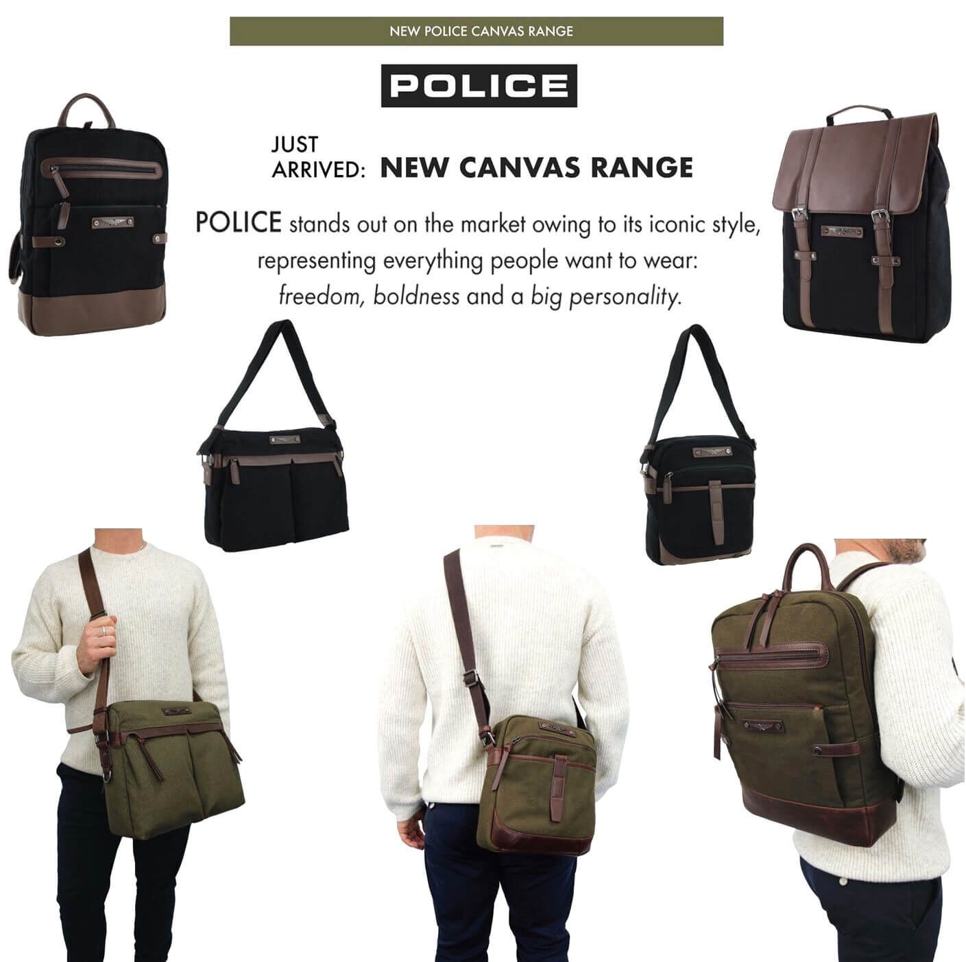 POLICE Wings Mens Canvas Backpack Bag with Laptop Computer Sleeve in Dark Olive