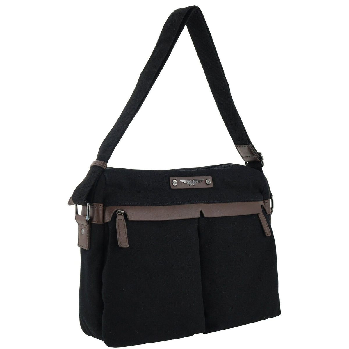 POLICE Wings Canvas Mens Messenger Business Bag w/ Laptop Computer Section in Black